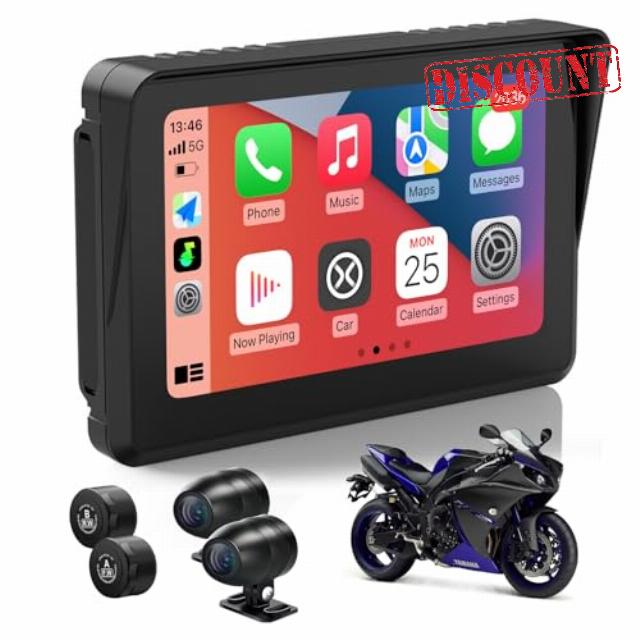 Portable Wireless Apple Carplay & Android Auto for Motorcycle with 1080p Front & Rear Cameras (IMX307 Chip) & Tire Pressure Monitoring (TPMS) IPX7 Waterproof 5" IPS Touchscreen