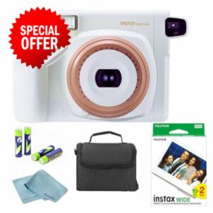 FUJIFILM Instant Wide 300 Instant Film Camera (Toffee) + 1 Twin Pack Wide Instant Film + Camera Case + 4 AA Battery Pack + BluebirdSales Microfiber Cleaning Cloth
