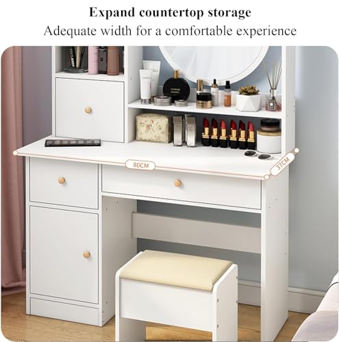 White Makeup Vanity Table with Mirror and Stool