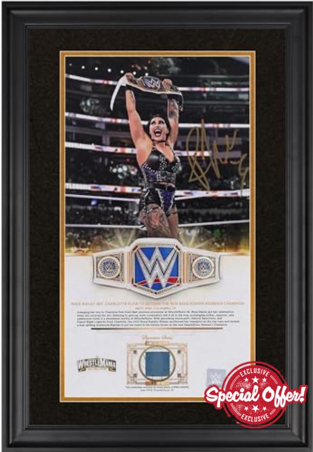 Rhea Ripley WWE Framed Autographed 10" x 18" WrestleMania Golden Moments Collage with a Piece of Match-Used Canvas - Limited Edition of 99 - Autographed Wrestling Photos