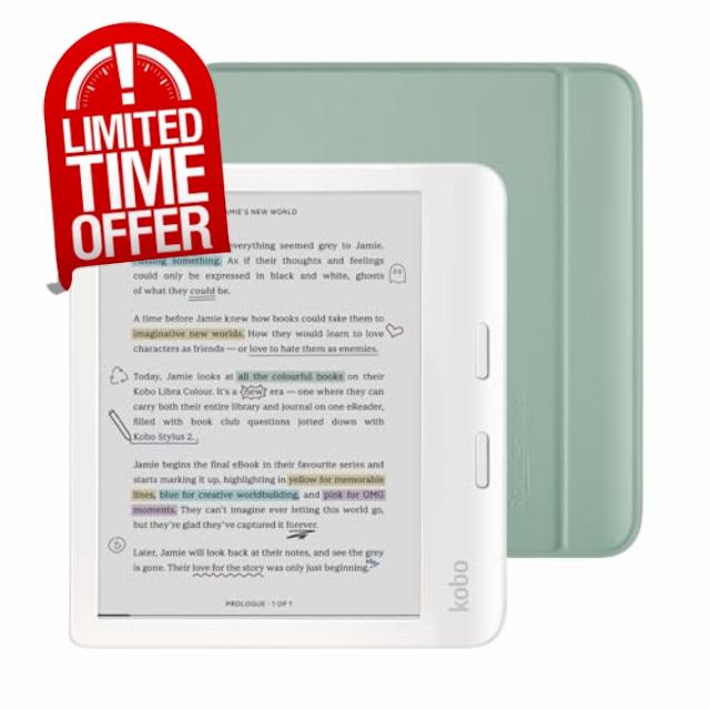 Kobo Libra Colour White eReader with Case Bundle (Garden Green Basic SleepCover