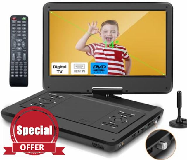 Feihe 14 Inch Portable TV/DVD Player Combo with HD Swivel LED Screen and Digital TV ATSC Tuner
