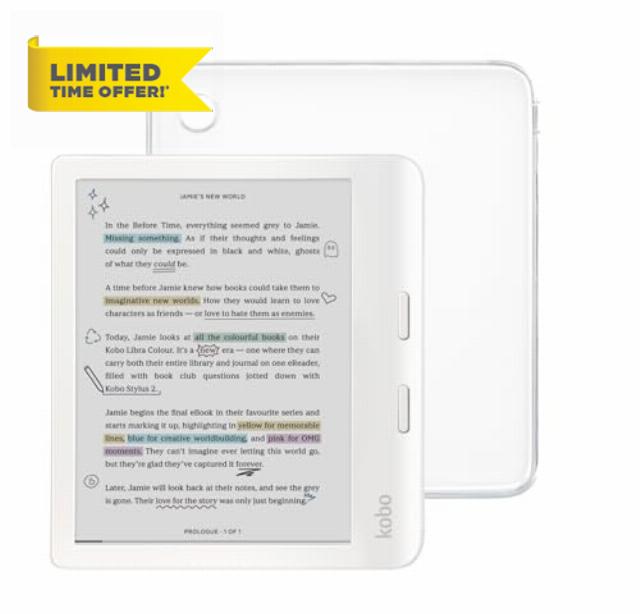 Kobo Libra Colour White eReader with Case Bundle (Clear Case