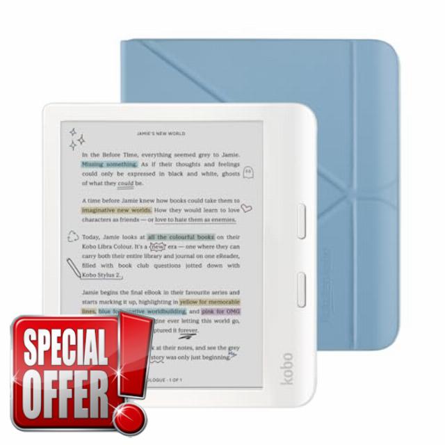 Kobo Libra Colour White eReader with Case Bundle (Dusk Blue SleepCover