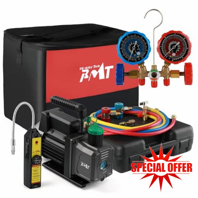 PB Motor TECH 4.5CFM 1/3HP Vacuum Pump with 3-Way AC Manifold Gauge Set for R134a R12 R22 R502