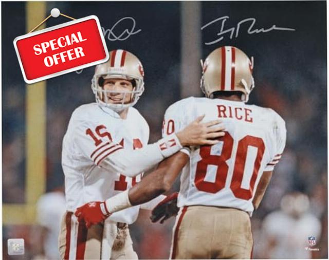 Joe Montana and Jerry Rice San Francisco 49ers Autographed 16" x 20" Side by Side Spotlight Photograph - Autographed NFL Photos
