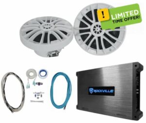 Rockville (2 RM-PREMIUM-65 White 6.5" 600w Marine Boat Speakers Bundle with DBM25 1400 Watt 2 Channel Marine/Boat Amplifier Amp + RMWK4 4 AWG Gauge Waterproof Marine Amplifier/Amp Install Wire Kit