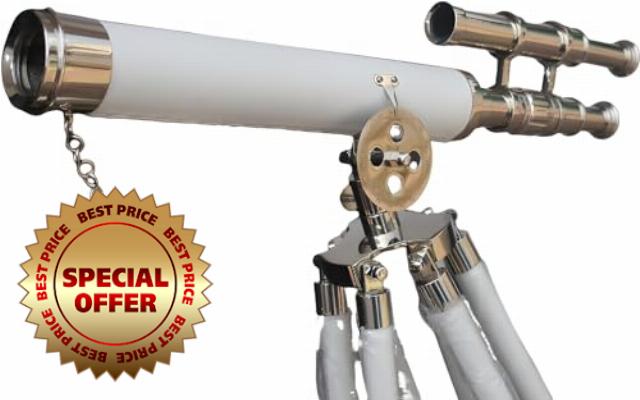 Handcrafted White & Brass Double Barrel Telescope with Adjustable Metal Tripod Stand Retro Pirate Sailor Spyglass Antique Telescope for Home & Office Decor