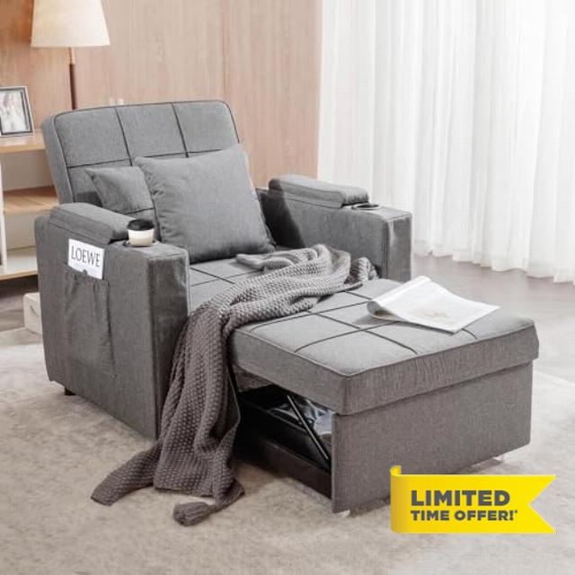 COMHOMA Sleeper Chair Bed Convertible Armchair Bed with Cup Holders Single Convertible Chair 3-in-1 Futon Chair Bed with Side Pocket
