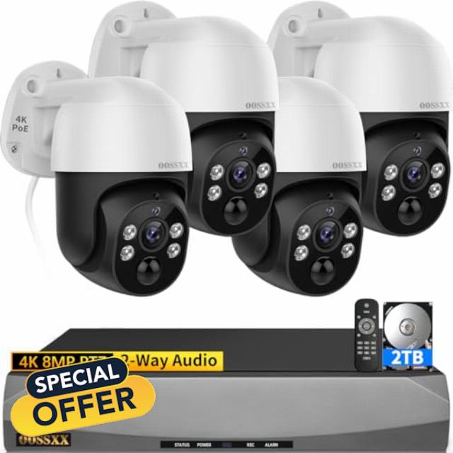 OOSSXX (4K/8.0 Megapixel & PTZ Digital Zoom) 2-Way Audio PoE Outdoor Home Security Camera System Wired Outdoor Video Surveillance IP Cameras System