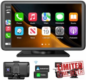 Portable Wireless CarPlay Screen for Car: 4K Apple Carplay & Android Auto Car Play Touchscreen with 4K Dash Cam/1080p Rear Camera/GPS Navigation/Bluetooth/Mirror Link/Voice Control - 7 inches