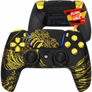 HEXGAMING ULTIMATE Wireless Controller Compatible with ps5-4 Remap Back Buttons - Hair Triggers - Interchangeable Thumbsticks - The Great GOLDEN Wave Off Kanagawa - Black
