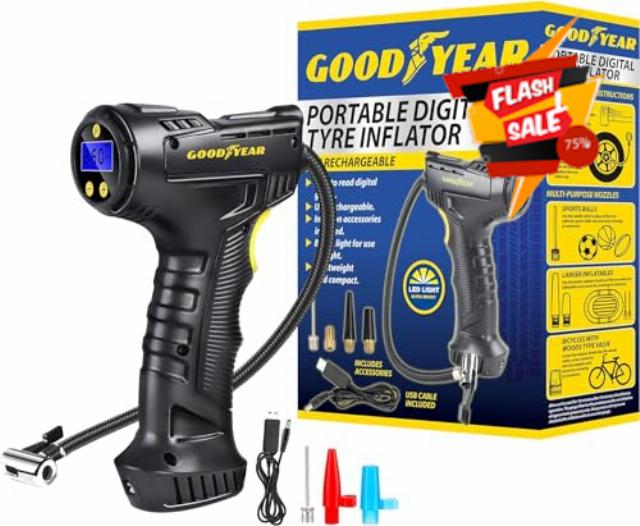 Goodyear Cordless Car Tyre Air Inflator Compressor | Digital Screen | Also Inflates Motorcycle Motorbike Cycle Bicycle Bike Tyres Inflatables
