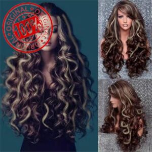 Long Black mix Brown Highlight Wigs for Women Curly Wavy Synthetic Wig with Bangs Natural Looking Heat Resistant Fiber Wig for Party Cosplay Daily Use