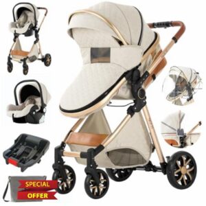 3 in 1 Baby Travel System Baby Stroller Infant Pushchair High Landscape Reversible Foldable Portable Standard Stroller Newborn Pram Buggy Reclining Baby Carriage (UDV9-WHITE with Base)