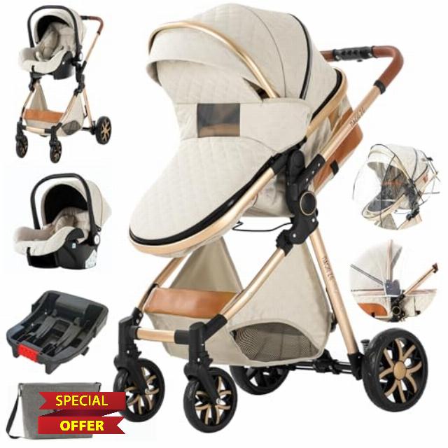 3 in 1 Baby Travel System Baby Stroller Infant Pushchair High Landscape Reversible Foldable Portable Standard Stroller Newborn Pram Buggy Reclining Baby Carriage (UDV9-WHITE with Base)