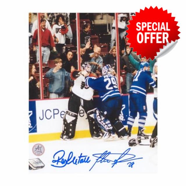 Felix Potvin & Ron Hextall Dual Signed Goalie Fight 8x10 Photo - Autographed NHL Photos