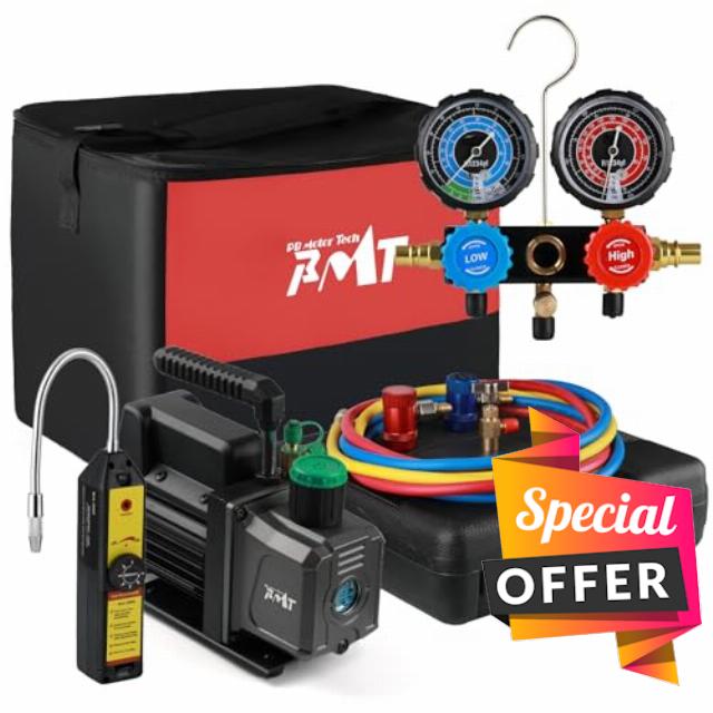 PB Motor TECH 4.5CFM 1/3HP Vacuum Pump with 3-Way R1234yf AC Manifold Gauge Set