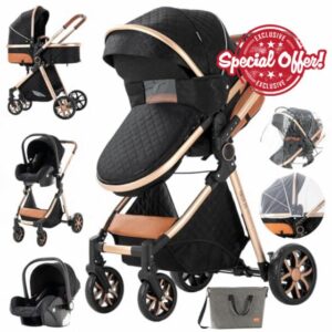 3 in 1 Baby Travel System Baby Stroller Infant Pushchair High Landscape Reversible Foldable Portable Standard Stroller Newborn Pram Buggy Reclining Baby Carriage (MGV9-BLACKGOLD Without Base)
