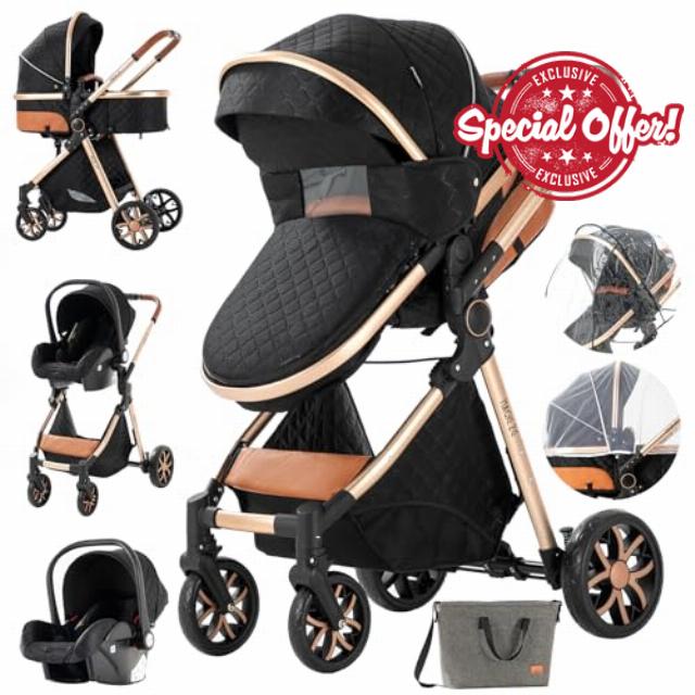 3 in 1 Baby Travel System Baby Stroller Infant Pushchair High Landscape Reversible Foldable Portable Standard Stroller Newborn Pram Buggy Reclining Baby Carriage (MGV9-BLACKGOLD Without Base)