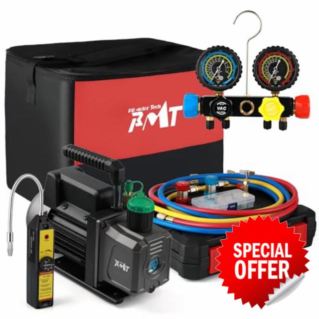 PB Motor TECH 4.5CFM 1/3HP Vacuum Pump with 4-Way AC Manifold Gauge Set for R134a R22 R401a