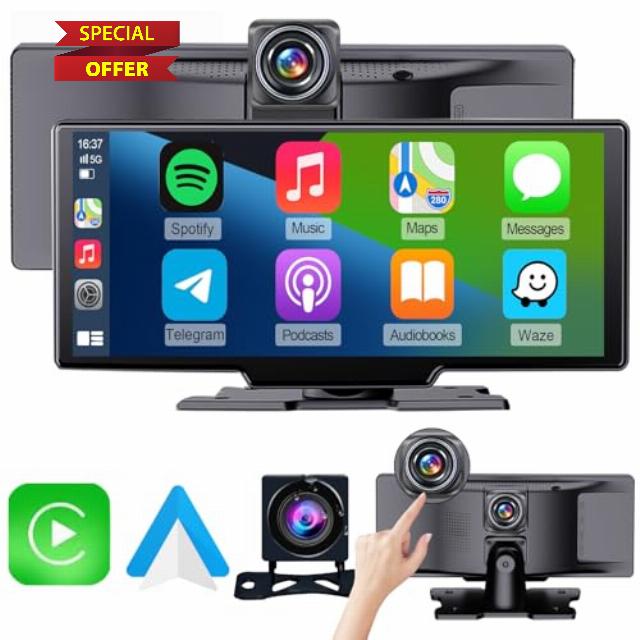 9 inch Wireless Apple CarPlay Screen for Car& 4K Dash Cam with Android Auto.Portable Car Stereo with Backup Camera&Touchscreen Display.Dash Mout Car Play.Drive Play with Navigation and Buetooth.Radio
