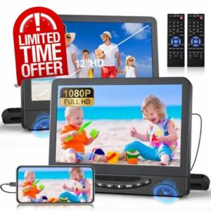 FELEMAN 12.1" Portable DVD Players for Car Dual Screen Play The Same or Two Different Movies