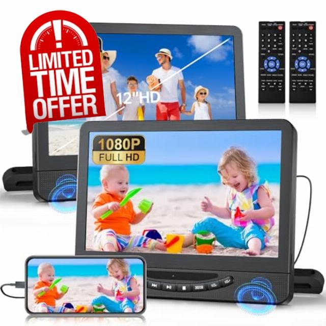FELEMAN 12.1" Portable DVD Players for Car Dual Screen Play The Same or Two Different Movies