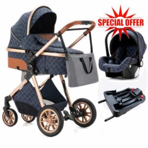 3 in 1 Baby Stroller Includes Baby Stroller and Infant Carrier Combo Set Infant Carrier Base Reversible Quick-Fold Baby Standard Pram for Newbor Blue