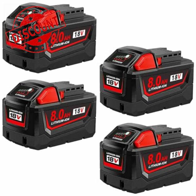 4Pcs 18V 8000mAh Replacement Battery for Milw M-18 Battery Pack Compatible with Milw M-18 Lithium Battery 48-11-1890