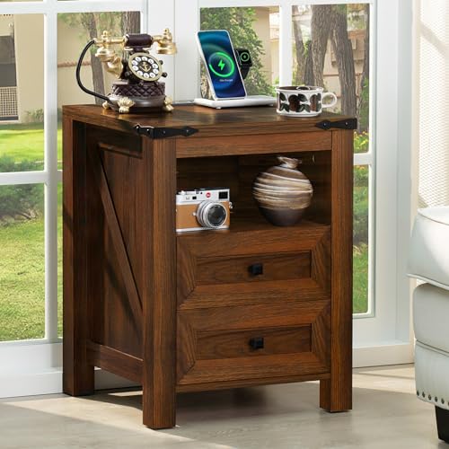 Farmhouse Side End Table with 2 Drawers and Open Shelf