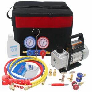 YaeTek 3CFM 1/4 HP 1-Stage Rotary Air Vacuum Pump HVAC R134a R12 R22 R410a A/C Refrigeration AC Manifold Gauge Set with Toolkit Bag and Accessories