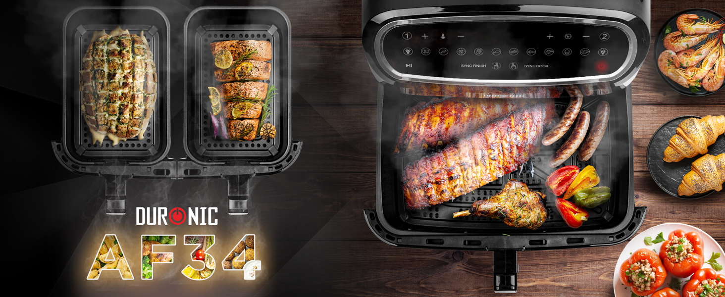 overview of the af24 air fryer, fish in one drawer and garlic bread in the other drawer