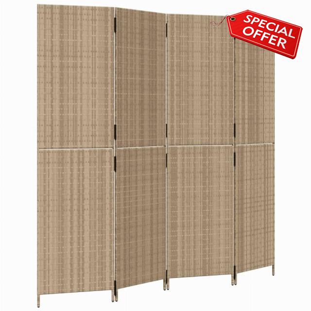 idaXL Beige Poly Rattan Room Divider - Flexible 4-Panel Design for Privacy in Bedroom