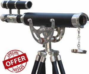 Handcrafted Brass Chrome Finish Double Barrel Telescope with Adjustable Tripod Stand Retro Spyglass Nautical Navy Authentic Telescope for Home & Office Decor 52"