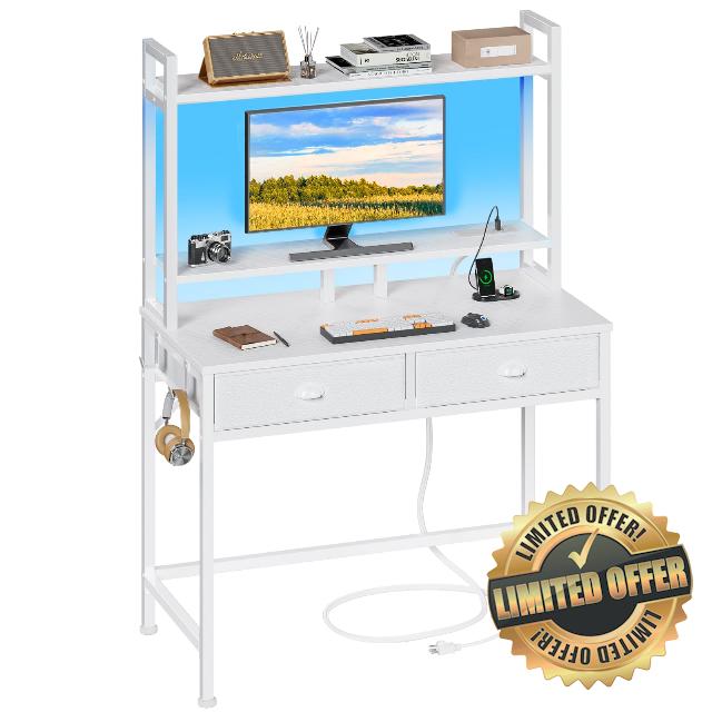 Furologee Small White Computer Desk with Power Outlet and 2 Fabric Drawers