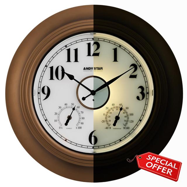 ANDY STAR 21 Inch Large Luminous Outdoor Wall Clock Waterproof with Temperature