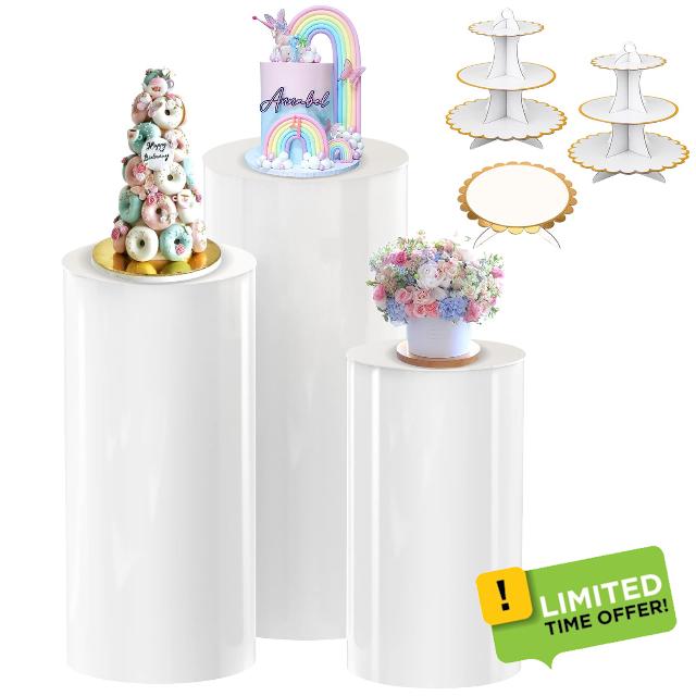 Sef of 3 Cylinder Stands for Party with Cake Stands - Round Cylinder Pedestal Stand