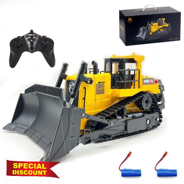 BINGXMF RC Bulldozer Crawler 1/16 2.4G Remote Control Heavy Bulldozer with Metal Front Loader Engineering Truck 11 Channel RC Bulldozer Construction Vehicles Building Model Digger with Sound Light