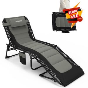 Oversized Padded Outdoor Folding Lounge Chair for Adults 440Ibs Patio Chaise Lounge Chair for Outside 5-Position Adjustable Reclining Beach Chair with Pillow Pocket