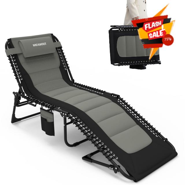 Oversized Padded Outdoor Folding Lounge Chair for Adults 440Ibs Patio Chaise Lounge Chair for Outside 5-Position Adjustable Reclining Beach Chair with Pillow Pocket