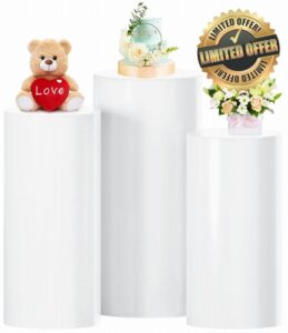 White Cylinder Pedestal Stands 3 Pcs Round Cylinder Stands for Party Display Pillars Cylinder Plinths Large Cylinder Tables for Parties Cake Stand Cylinder for Birthday Props Wedding Decor