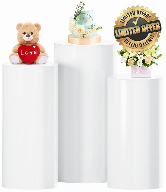 White Cylinder Pedestal Stands 3 Pcs Round Cylinder Stands for Party Display Pillars Cylinder Plinths Large Cylinder Tables for Parties Cake Stand Cylinder for Birthday Props Wedding Decor