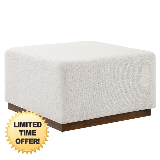 Modway Tilden 28 Inch Boucle Upholstered Ottoman in Cloud Walnut - Large Ottoman Foot Rest with Rubberwood Plinth Base