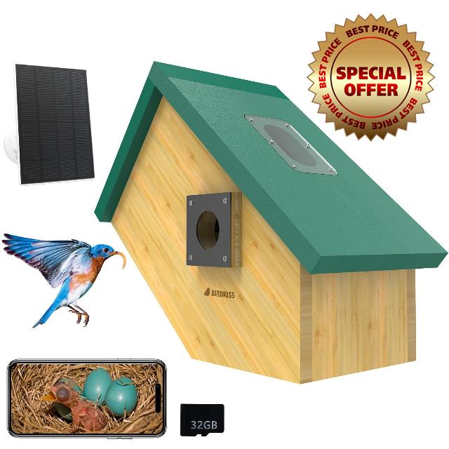 Birdkiss Smart Bird House with Camera: Wireless Bird Camera with Solar Panel - Motion Activated & Auto Capture HD Bird Video Weather-Resistant Crafted from Cedar and Bamboo for a Lasting Sanctuary.