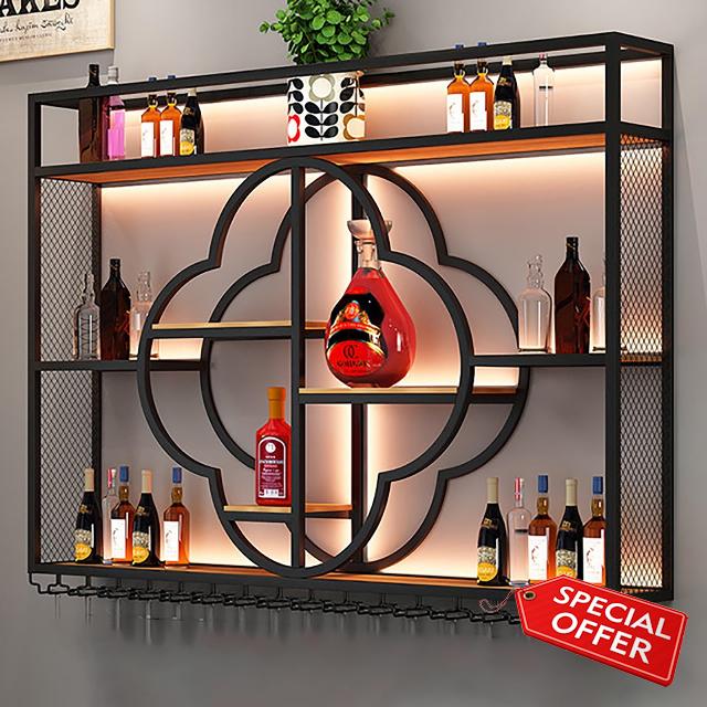 Wine Rack Wall Mounted Bar Shelves For Wall Industrial Metal Hanging Wine Bottle Glass Holder Iron Wine Bottle Display Rack For Home Bar Dining Room Decor ( Color : Black