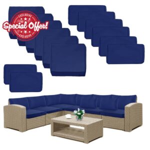 Comcaver 14 Pack Patio Cushion Covers Set Outdoor Cushion and Pillow Replacement for 7 Pieces 6 Seater Outdoor Furniture Sofa Waterproof Cushion Slipcovers Set for Wicker Rattan Sofa Navy Covers ONLY