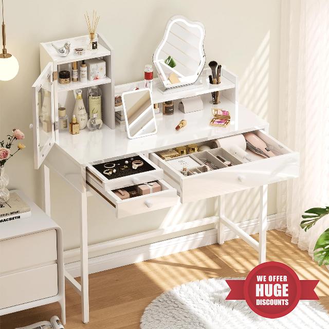 Makeup Vanity Desk White Make up Table with 3 Color Lighted Mirror 35.4 inches Small Vanity with Storage Drawers for Bedroom Dressing Table