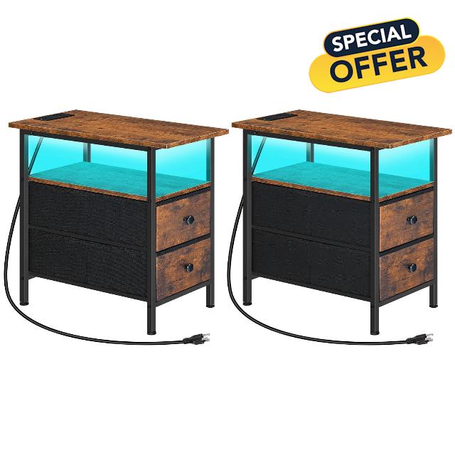HOOBRO End Table with Charging Station and LED Light