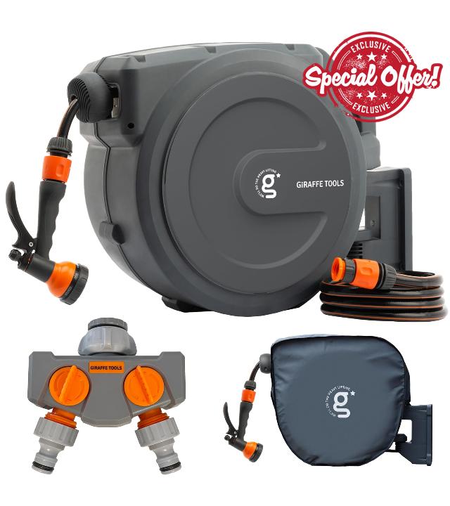 Giraffe Tools Garden Hose Reel Kit with Tap Splitter and Cover